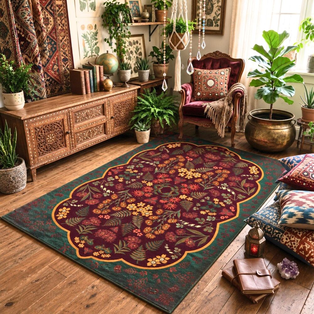 Dark Botanical Jewel Tone Rug | Forest Green, Plum, Gold